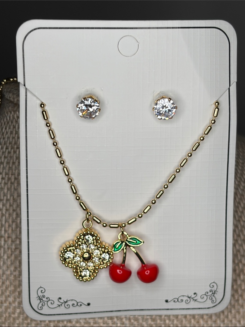 Gold-Tone Cherry & Clover Pendant and earring set of two